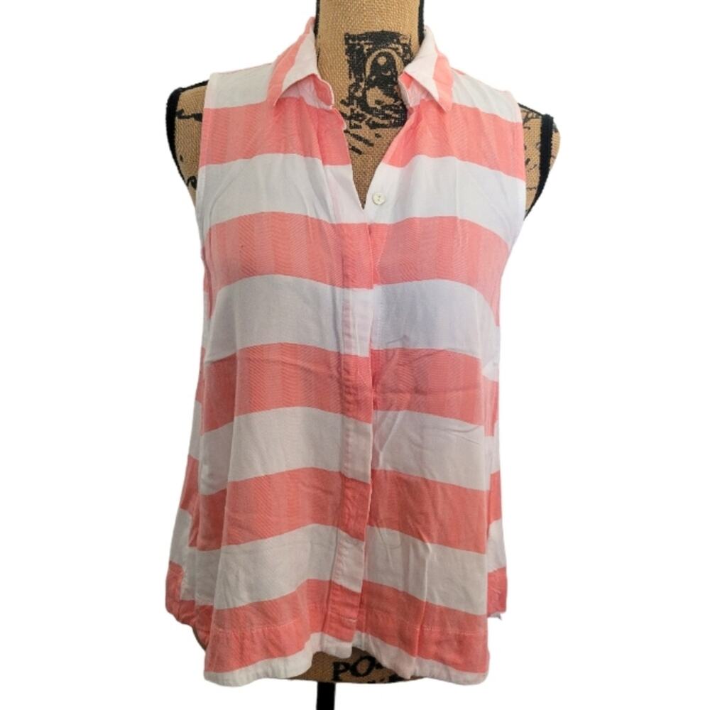 Cupio small striped sleeveless collar button front blouse, salmon pink and white